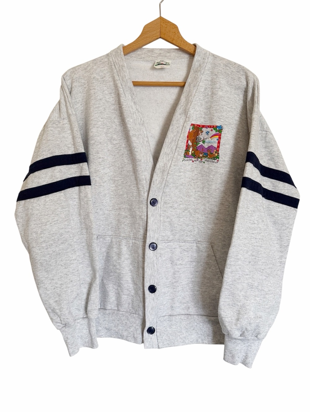 Vintage Gray Cardigan with Navy Sleeve Stripes and Colorful Chest Patch